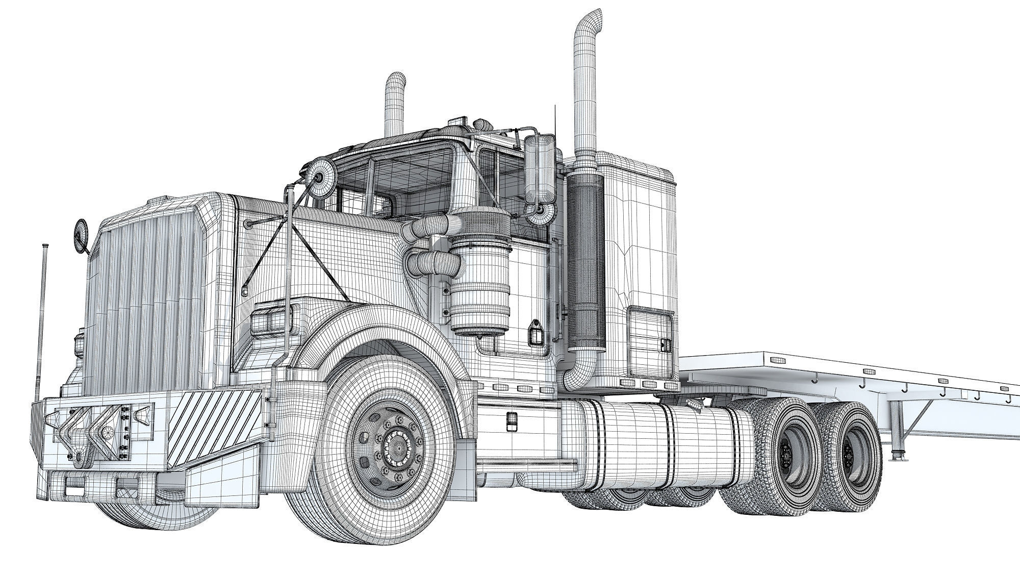 Semi Truck with Flatbed Trailer 3D model_22