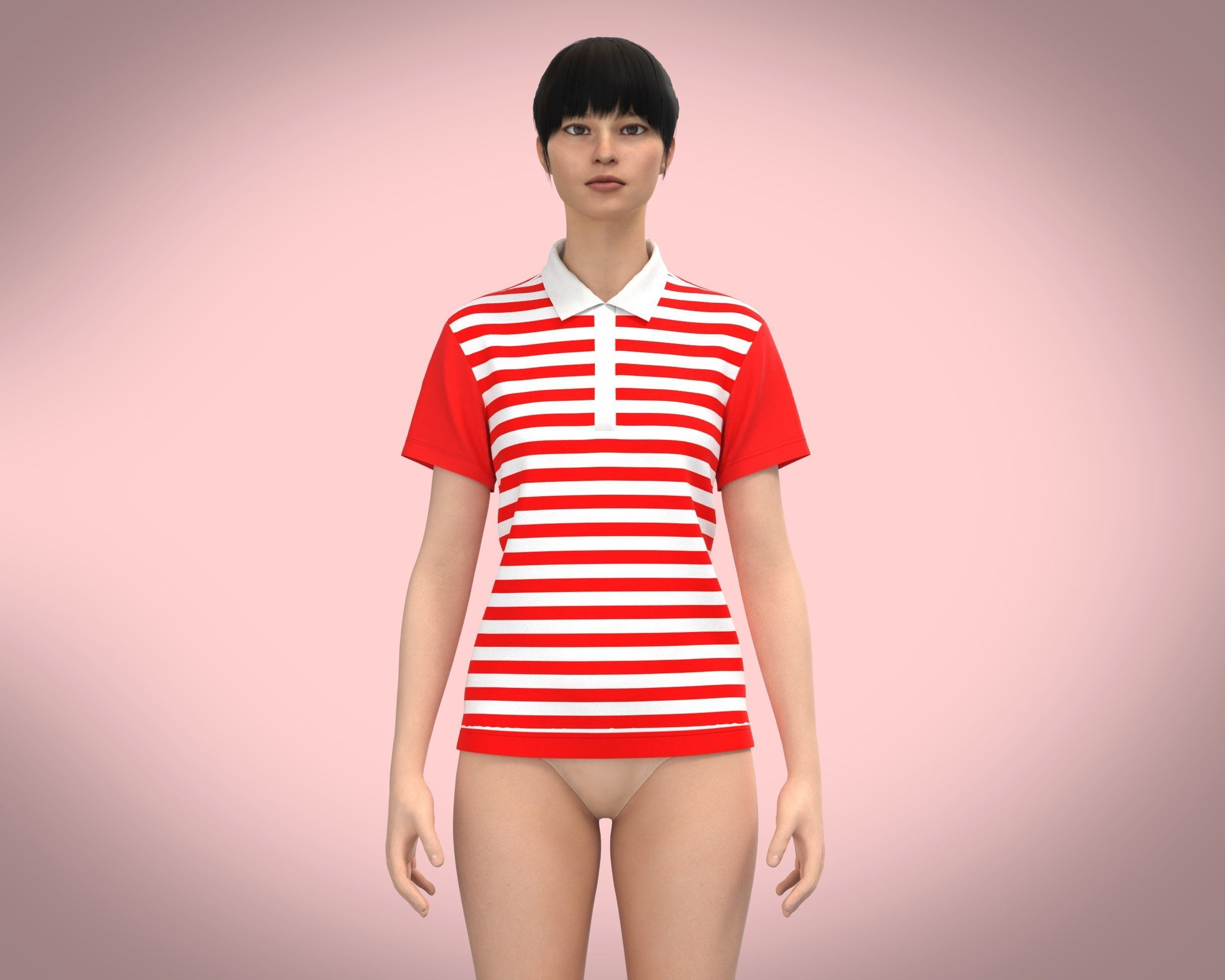 Ladies Red Striped Polo 3D model_1