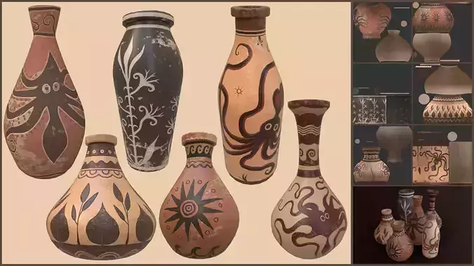 A set of Six Handpainted Stylized Mediterranean Vases 