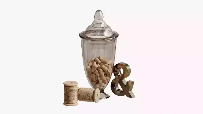 Decorative set glass jar with seeds and spool of thread 3D model