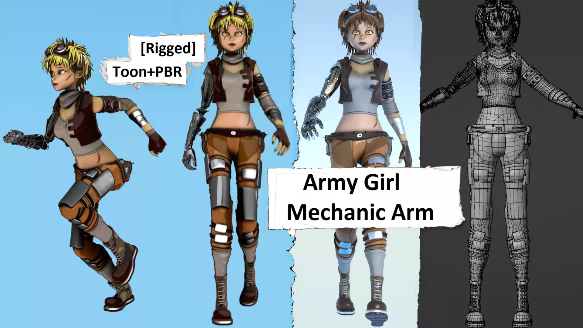 Army Girl - Mechanic Arm - Asymmetric Character 3D model_0