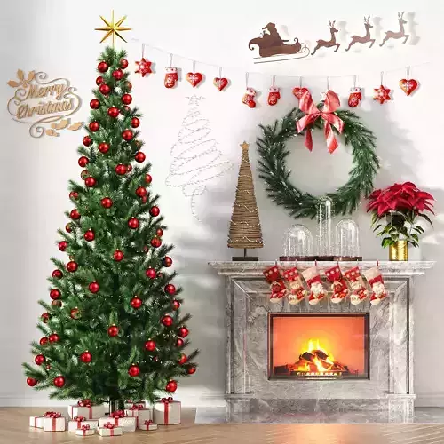 Christmas tree with wreath and fireplace
