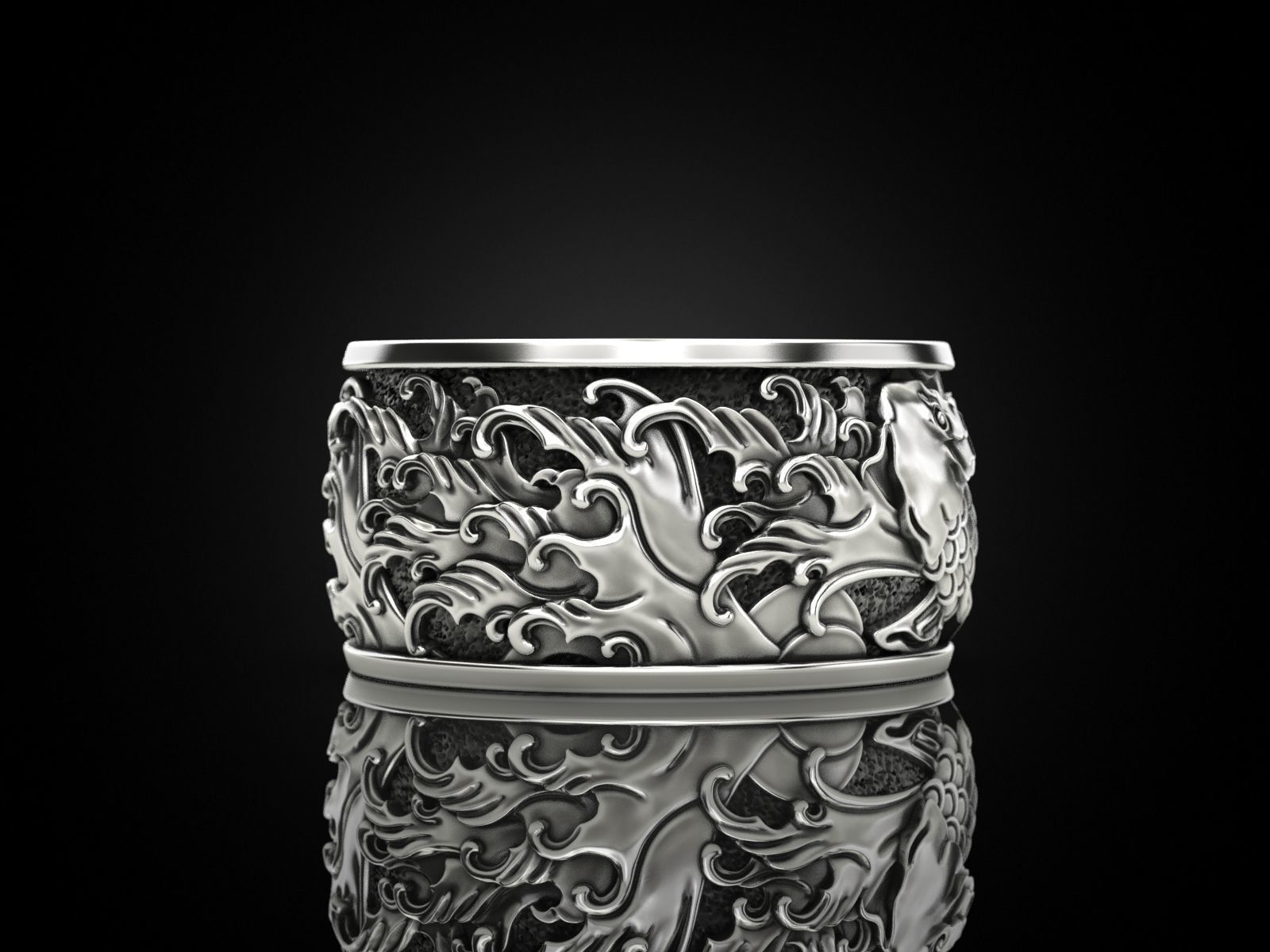 Japanese carp and waves Ring 3D print model_5