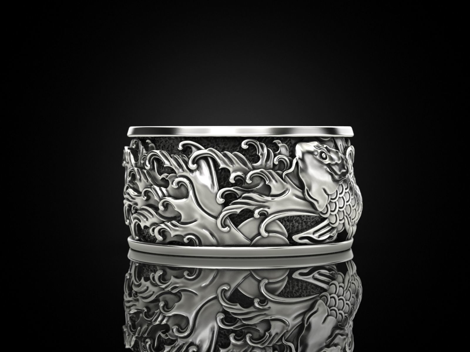 Japanese carp and waves Ring 3D print model_6