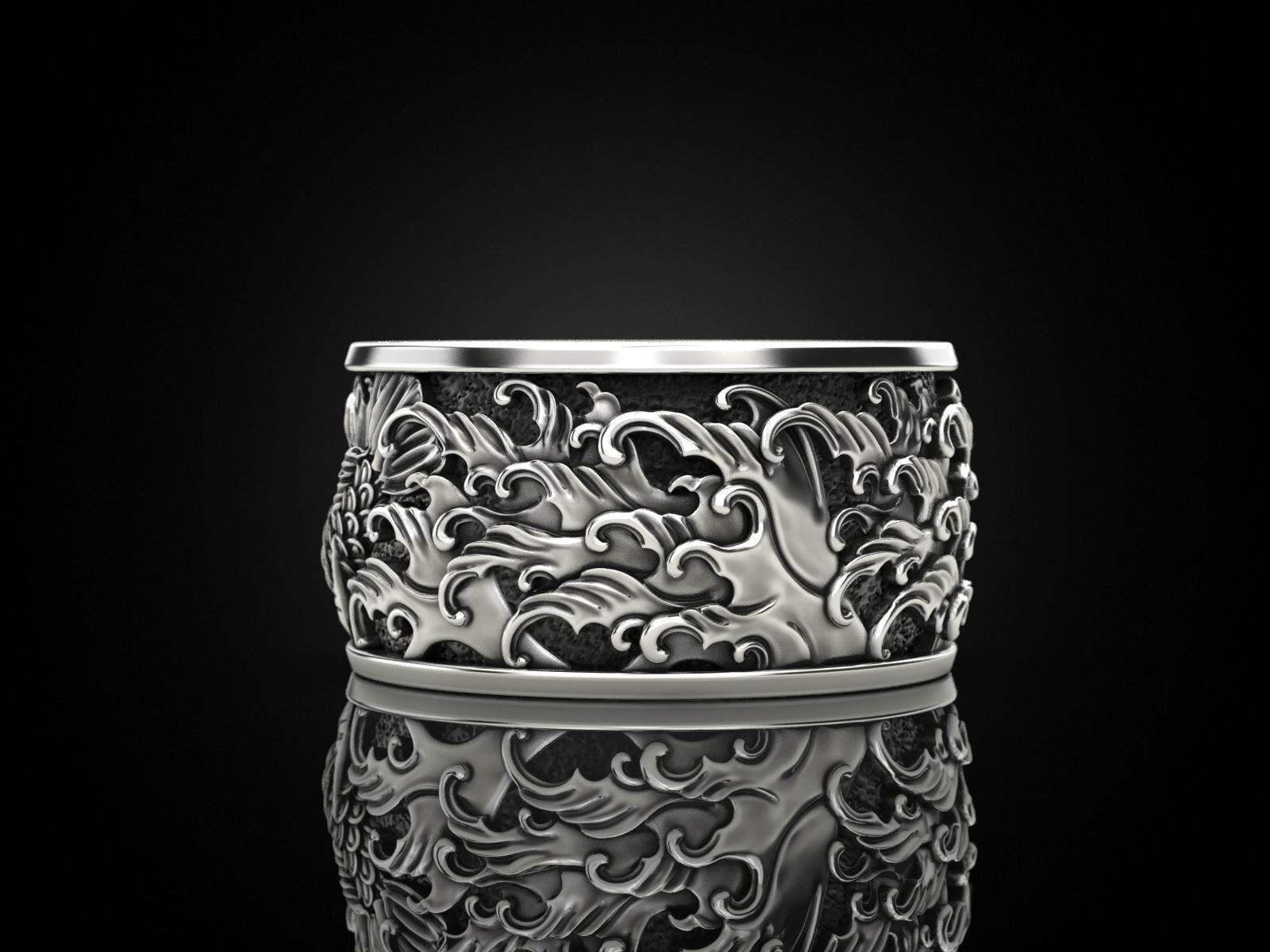 Japanese carp and waves Ring 3D print model_9