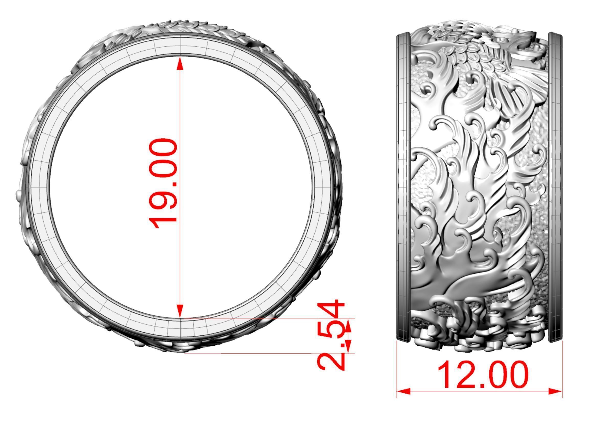 Japanese carp and waves Ring 3D print model_11
