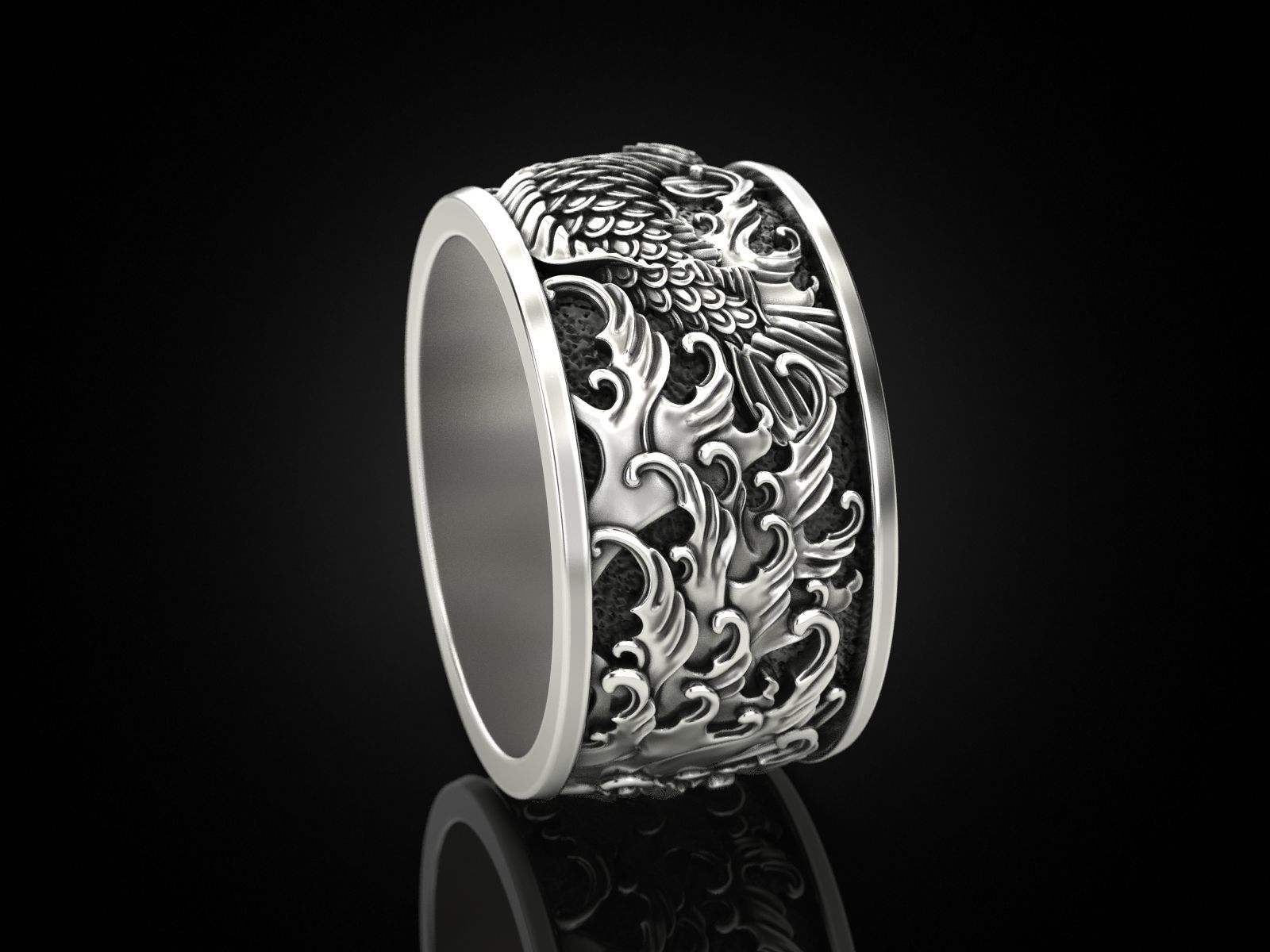 Japanese carp and waves Ring 3D print model_1