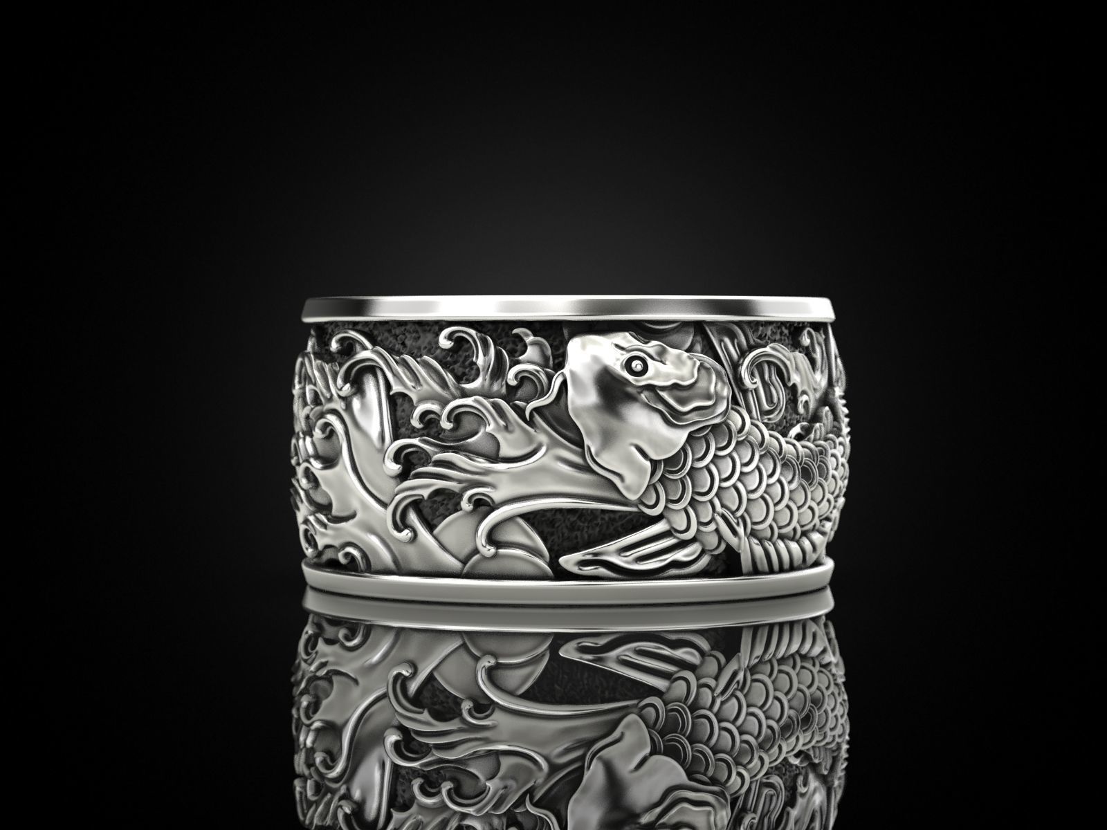 Japanese carp and waves Ring 3D print model_7