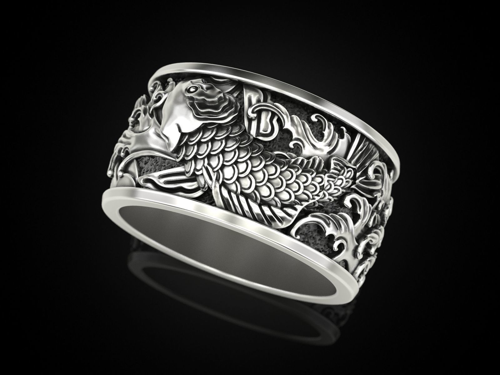 Japanese carp and waves Ring 3D print model_4