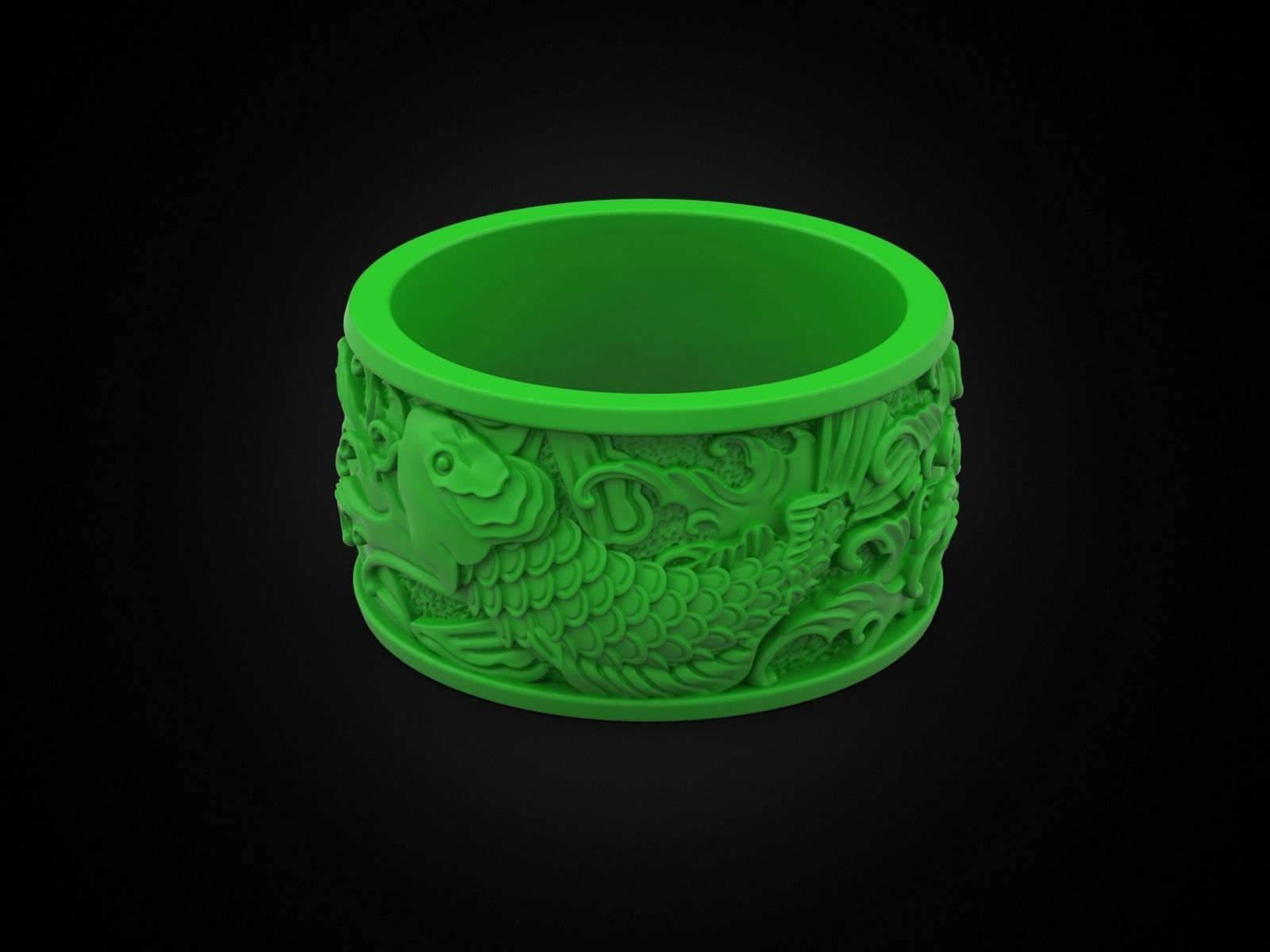 Japanese carp and waves Ring 3D print model_10