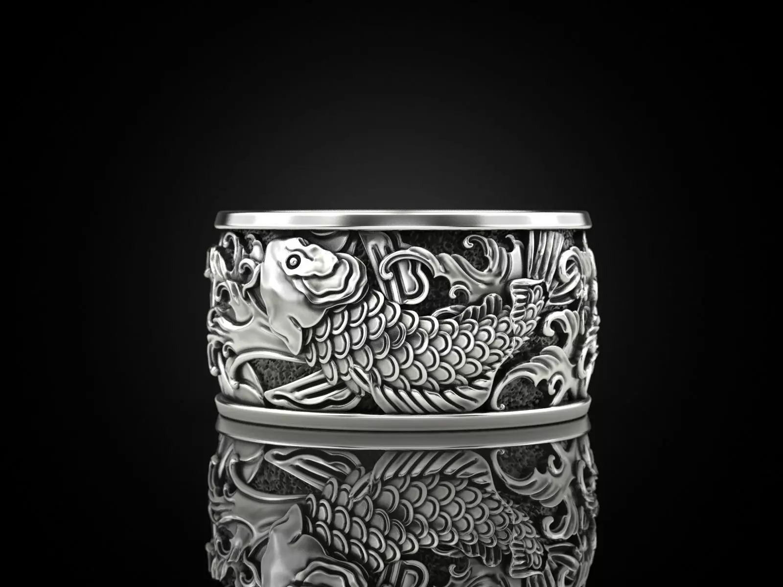 Japanese carp and waves Ring 3D print model_0