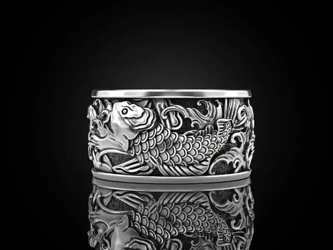 Japanese carp and waves  Ring 3D print model