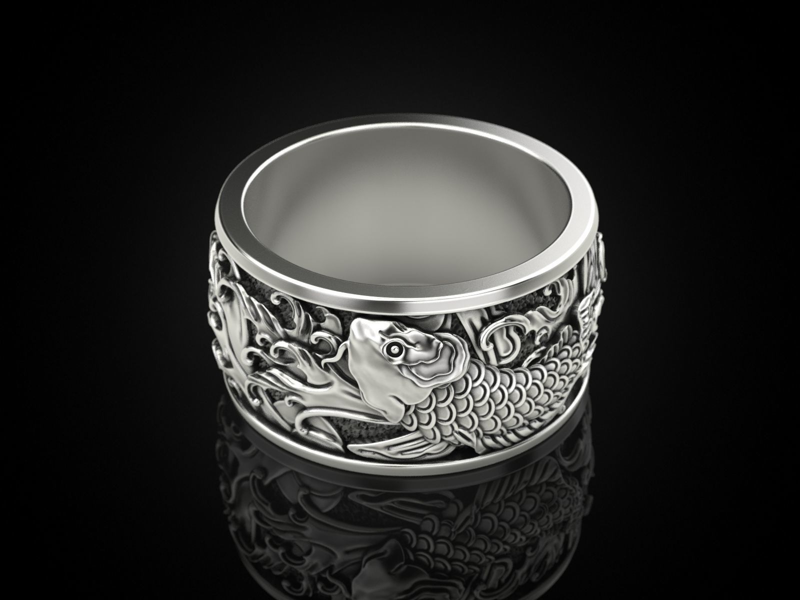 Japanese carp and waves Ring 3D print model_2