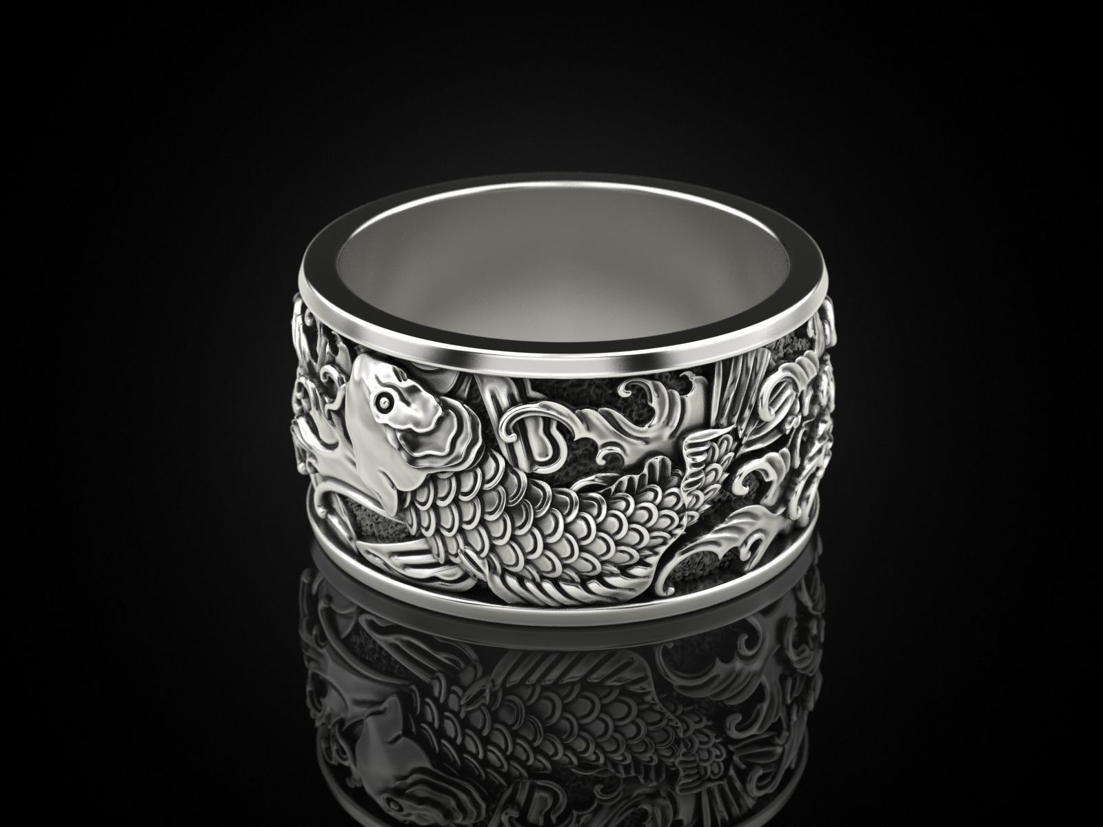 Japanese carp and waves Ring 3D print model_3