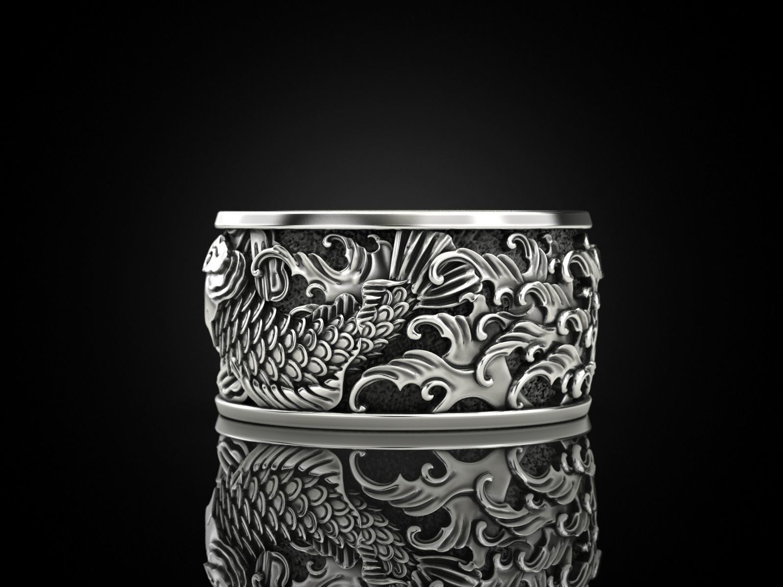 Japanese carp and waves Ring 3D print model_8