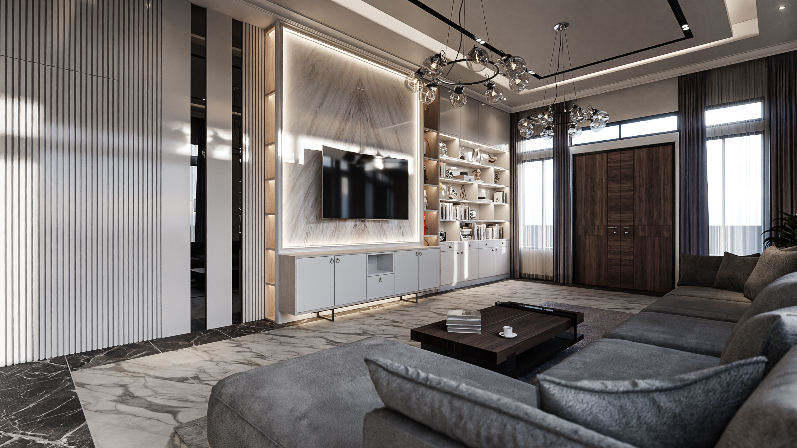 Living Room and Kitchen with Dinning Set Low-poly 3D model_2