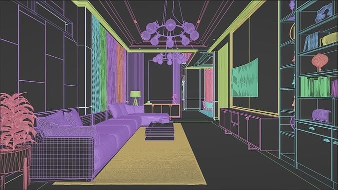 Living Room and Kitchen with Dinning Set Low-poly 3D model 6