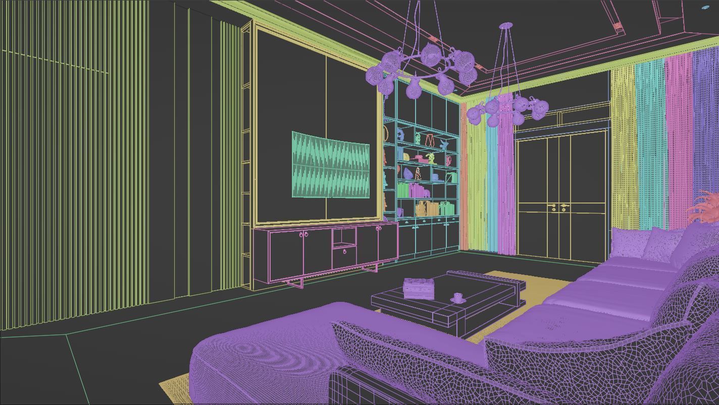 Living Room and Kitchen with Dinning Set Low-poly 3D model_7