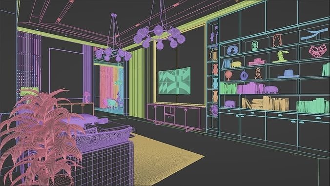 Living Room and Kitchen with Dinning Set Low-poly 3D model 7