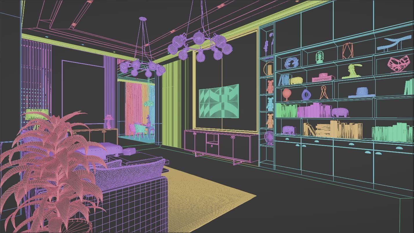 Living Room and Kitchen with Dinning Set Low-poly 3D model_6