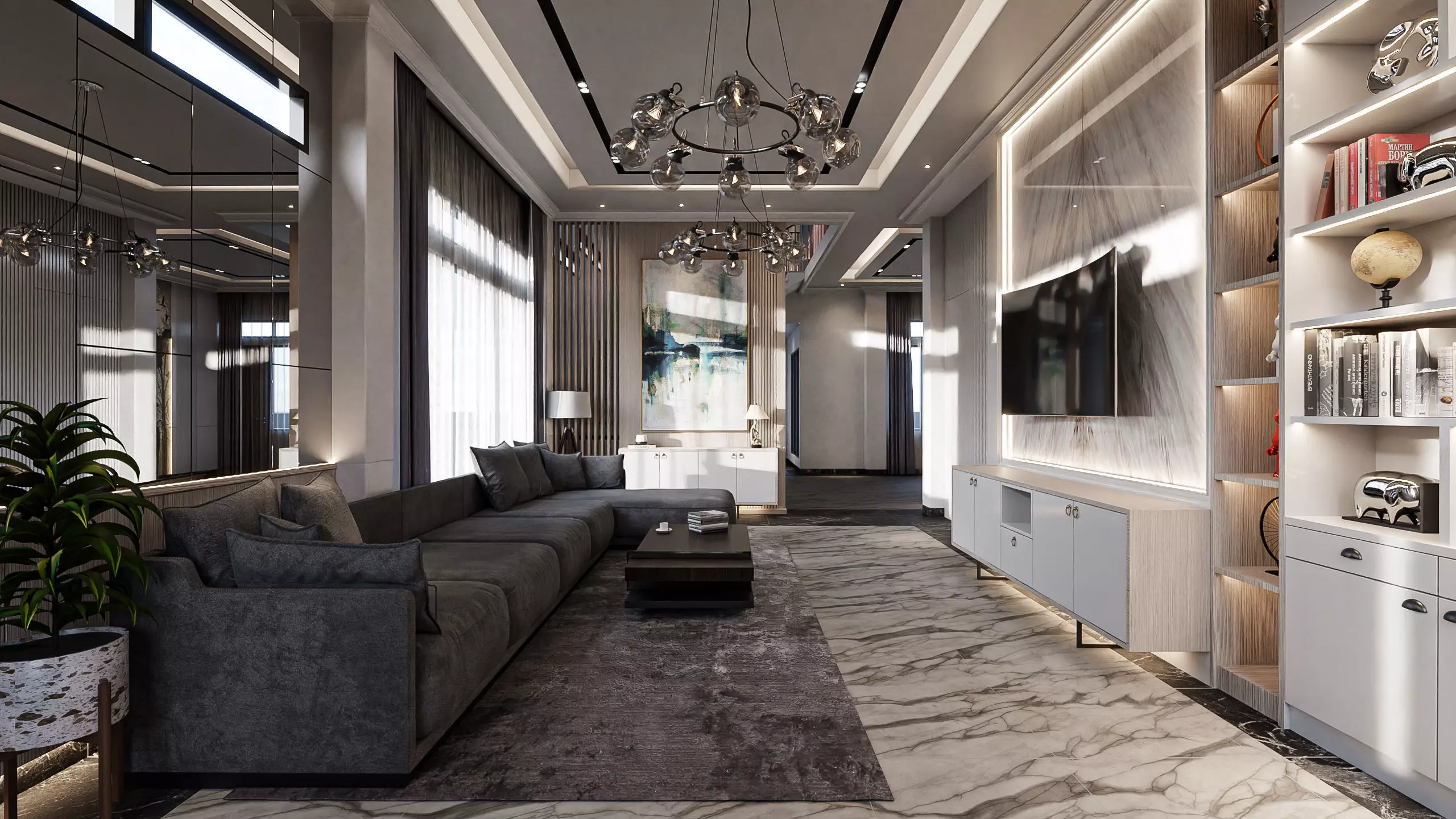 Living Room and Kitchen with Dinning Set Low-poly 3D model_0