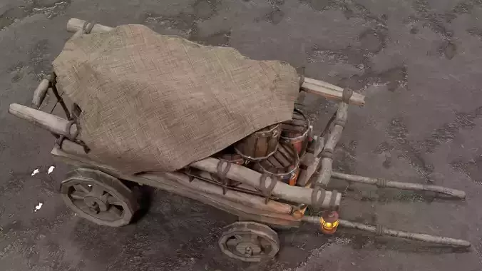 A stylized medieval cart with a lamp and barrels of linen