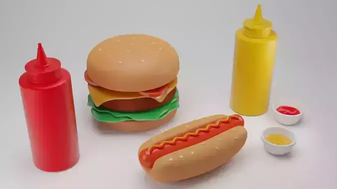 SIMPLY DELICIOUS TOON COMBO HOTDOG HAMBURGER AND SAUCES 3D