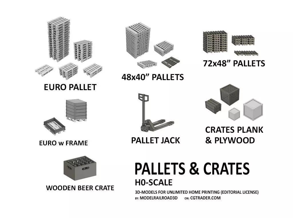 CARGO-0023 Pallet and Crate set H0-scale 23 items 3D print model_0