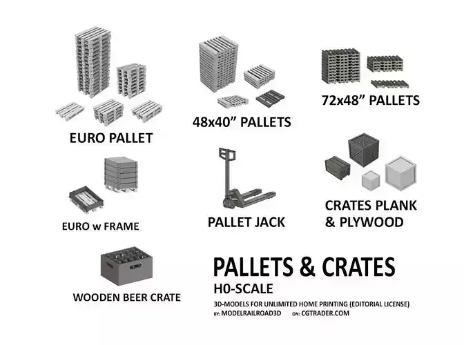 CARGO-0023 Pallet and Crate set H0-scale 23 items 3D print model