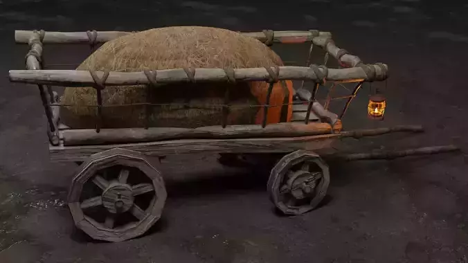 Stylized medieval cart with a lamp and hay
