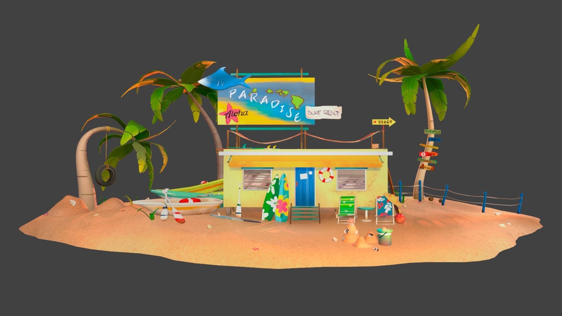 Beach house Low-poly 3D model_4