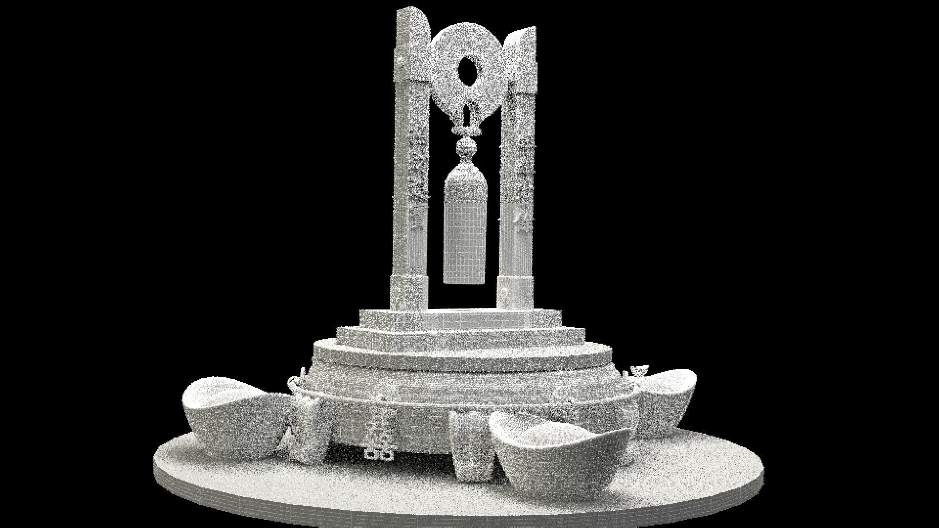 Chinese gold ingot with ancient bell 3D model_6