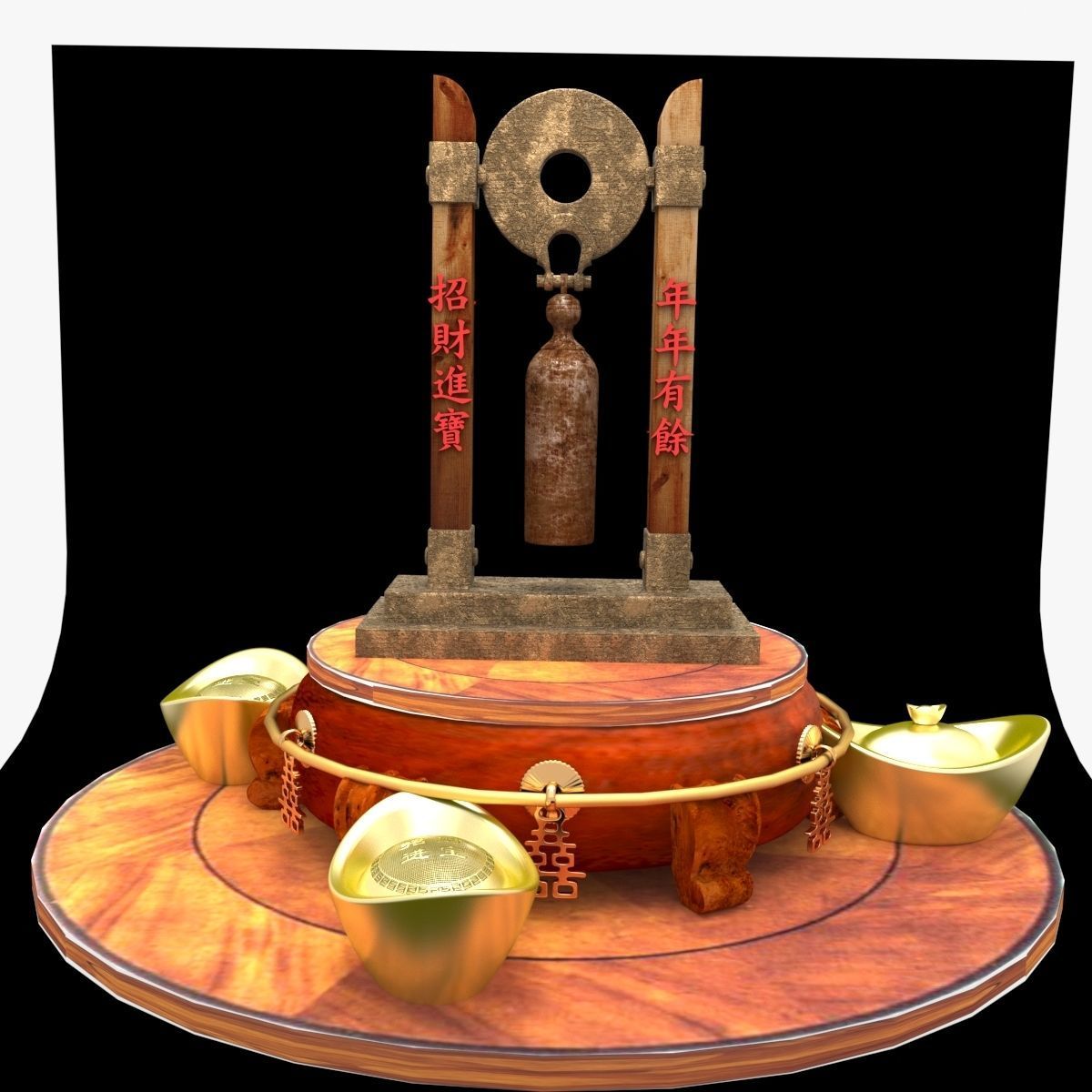 Chinese gold ingot with ancient bell 3D model_7