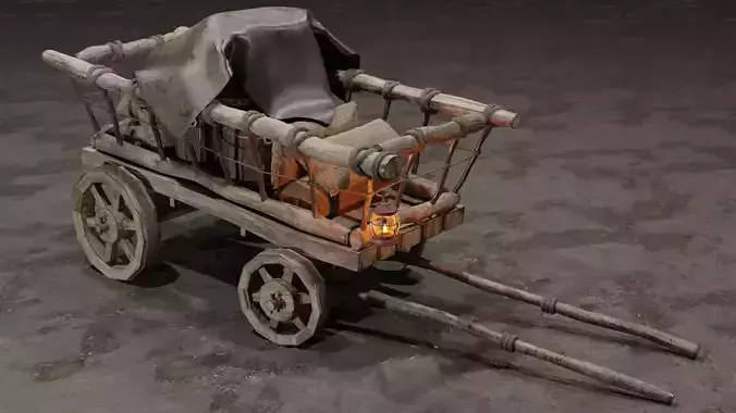 Stylized medieval cart with a lamp and a load