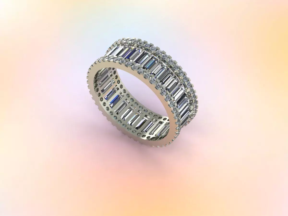 rings gold band with baguette diamonds 3D print model_0
