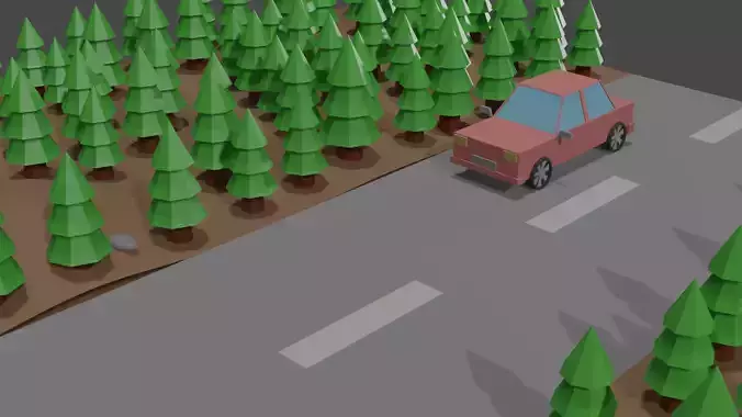 low poly jungle and road and car