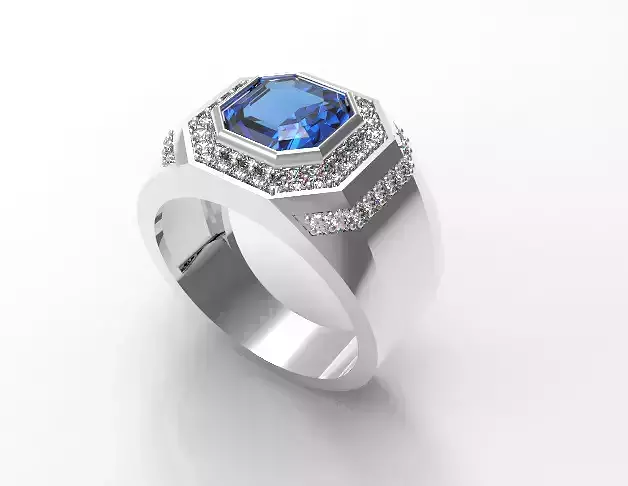 094 - Blue Sapphire Gents Ring - White Gold