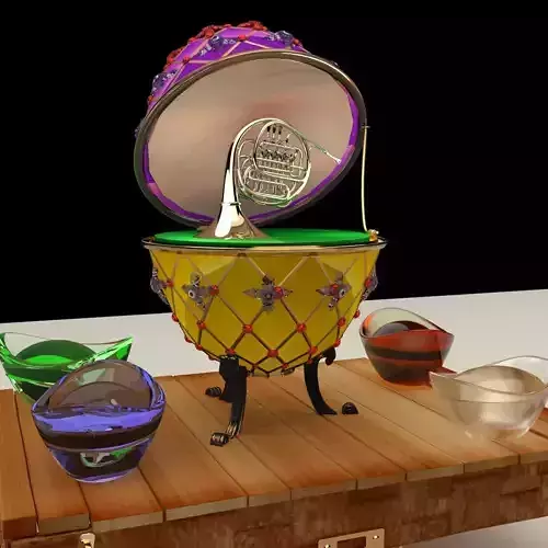 Chinese  gold ingot  and Russia Faberge egg  French horn  