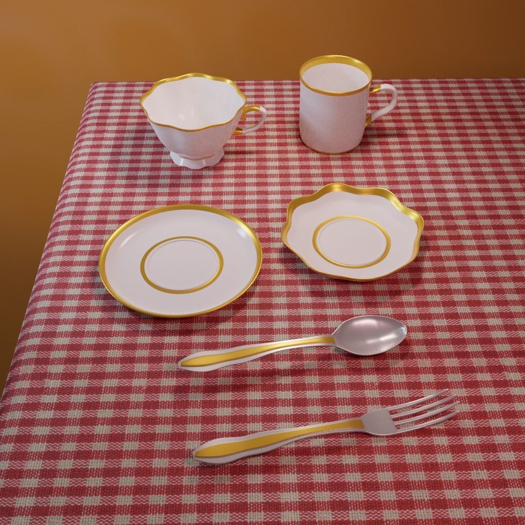tea set cup and saucer on checkered tablecloth 3D model_1