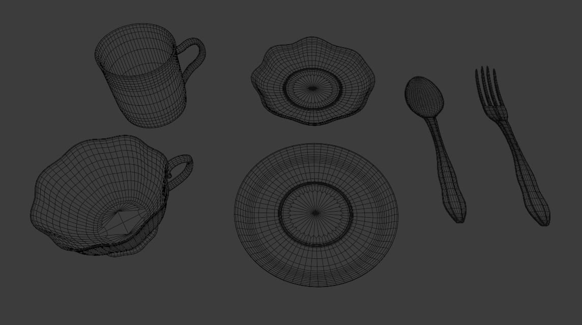 tea set cup and saucer on checkered tablecloth 3D model_3