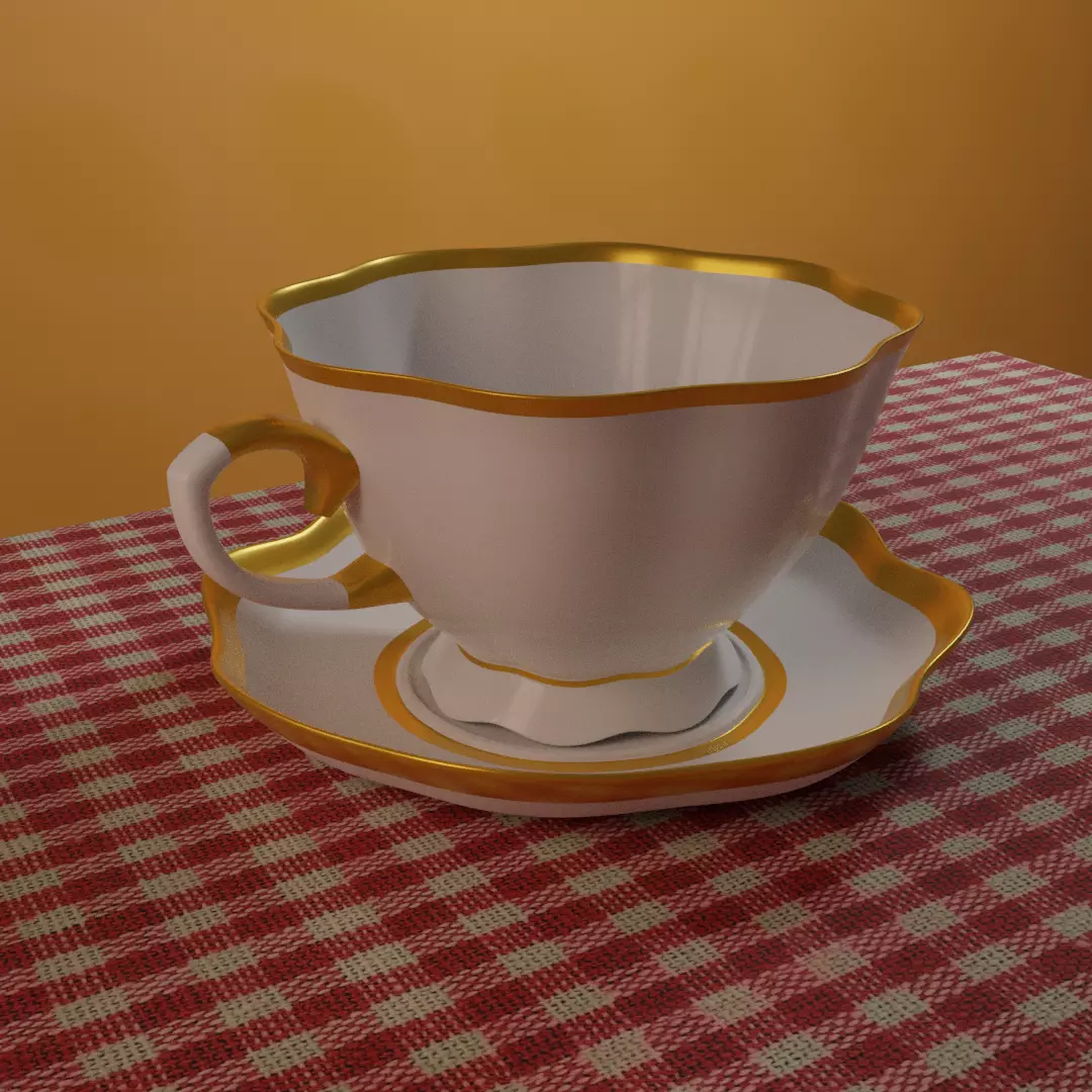 tea set cup and saucer on checkered tablecloth 3D model_0