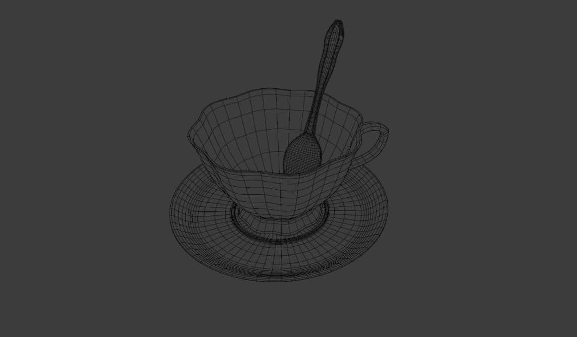 tea set cup and saucer on checkered tablecloth 3D model_2