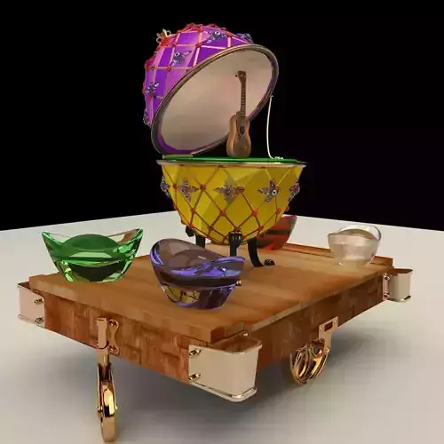 Chinese gold Ingot with Russia Faberge egg  and ukulele  