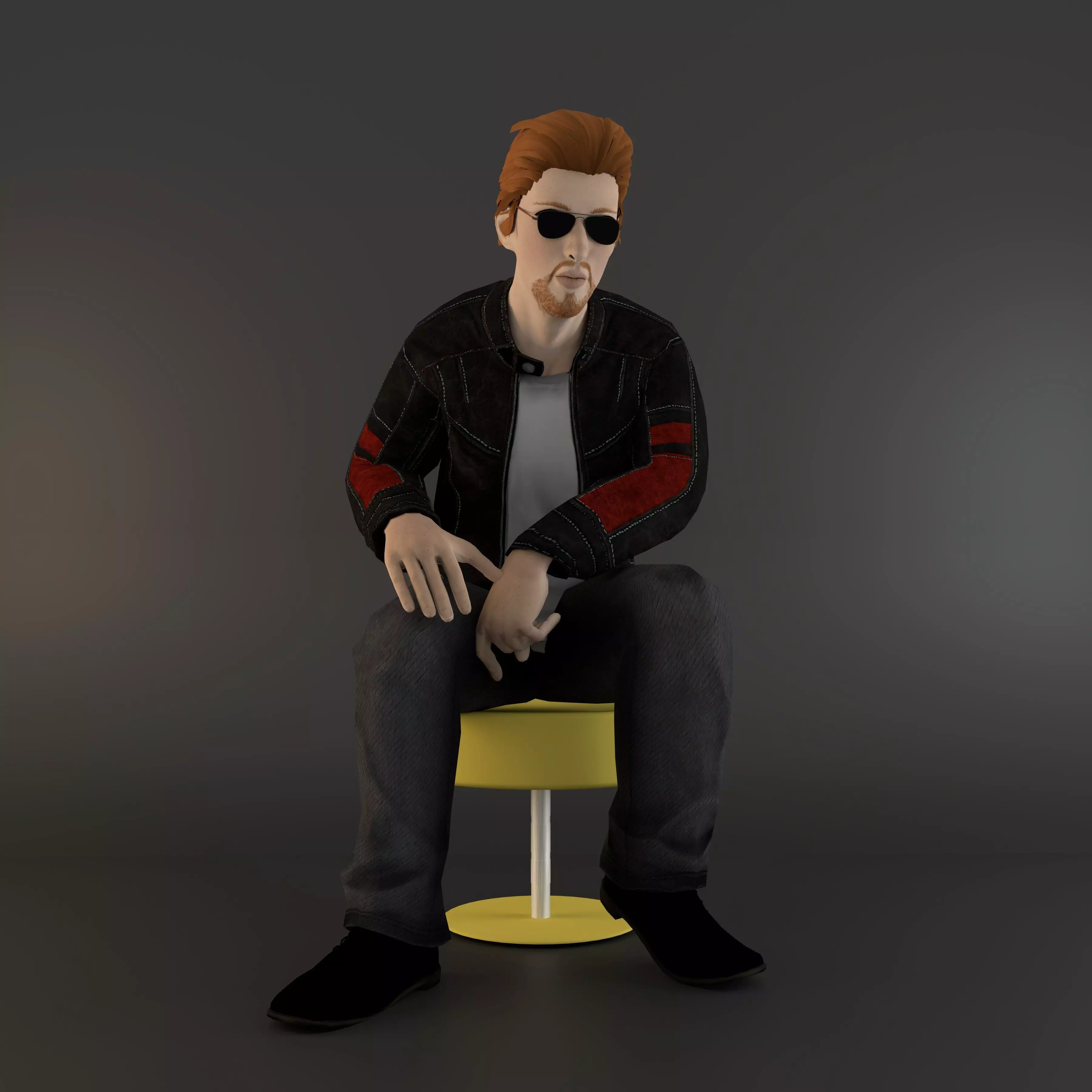 3D character man in sunglasses on stool Low-poly 3D model