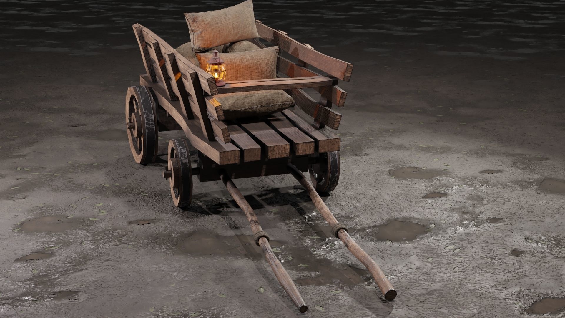 Stylized medieval cart with a lamp and bags Low-poly 3D model_8