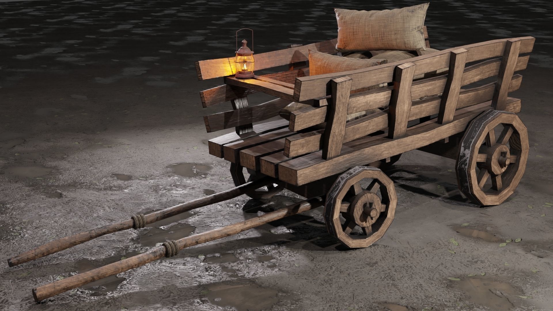 Stylized medieval cart with a lamp and bags Low-poly 3D model_9