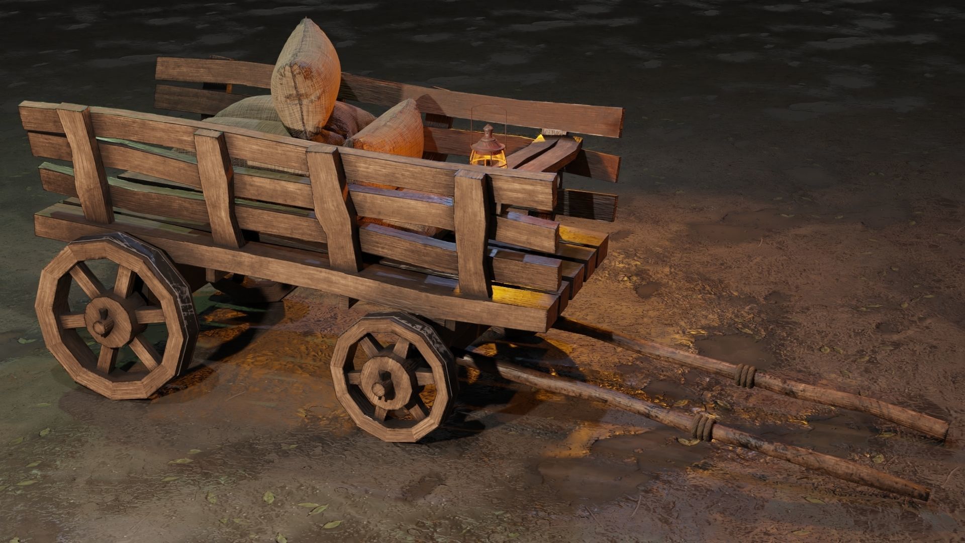 Stylized medieval cart with a lamp and bags Low-poly 3D model_3