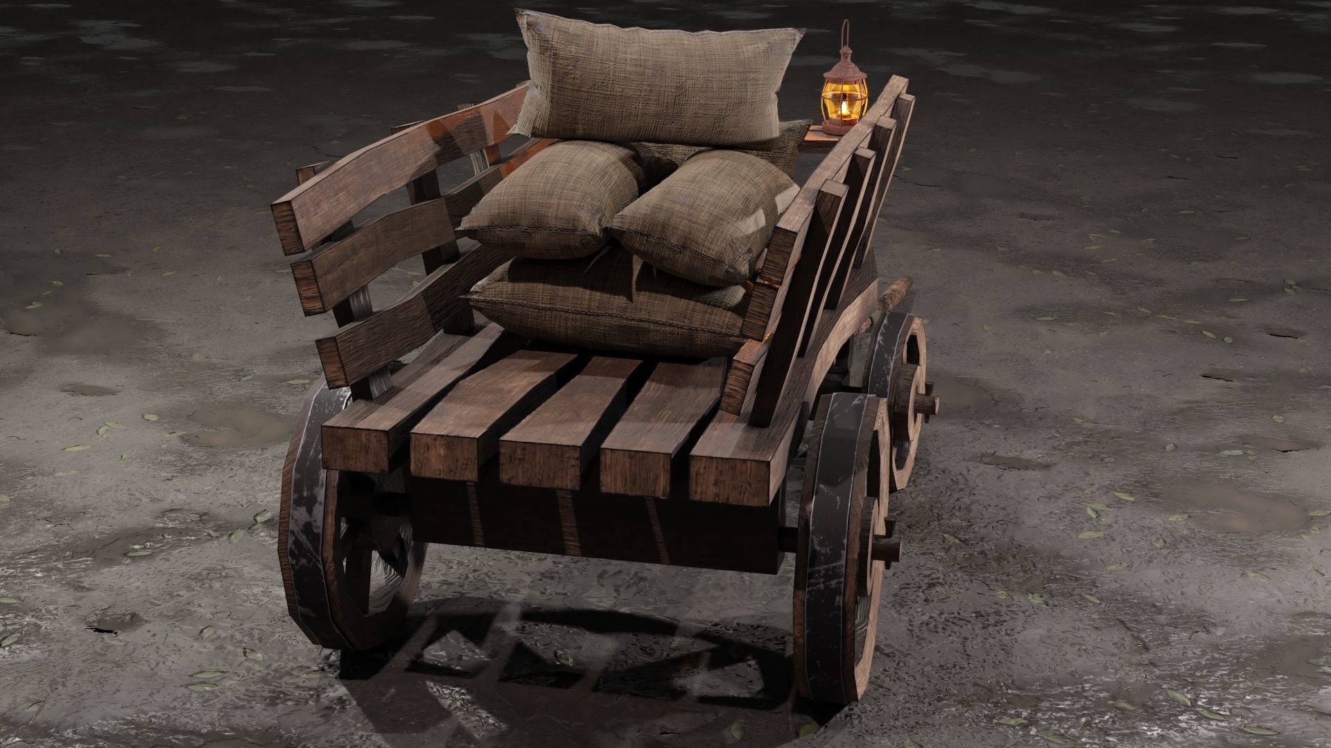 Stylized medieval cart with a lamp and bags Low-poly 3D model_10