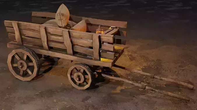Stylized medieval cart with a lamp and bags