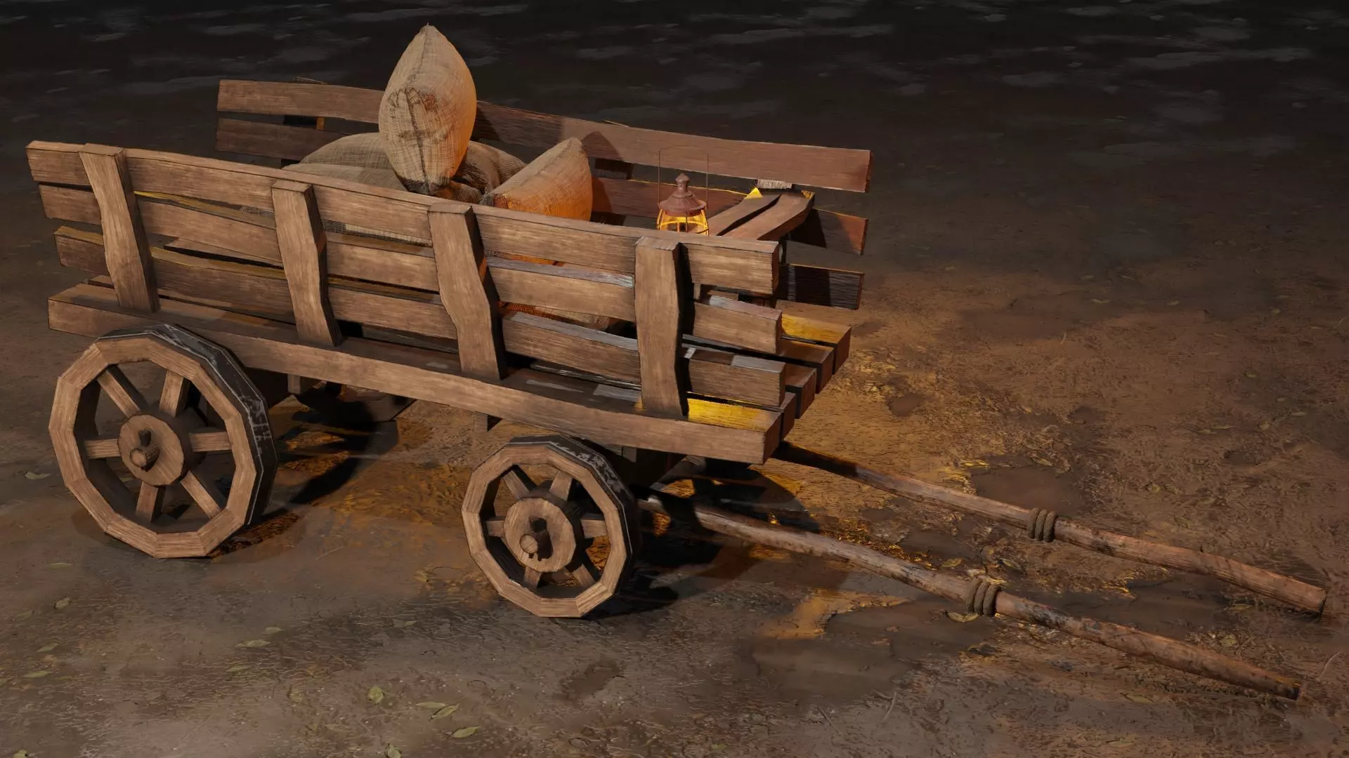 Stylized medieval cart with a lamp and bags Low-poly 3D model_0